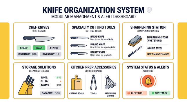 Professional modular dashboard illustrating a sophisticated system for kitchen knife organization, inventory tracking, sharpening station management, and culinary accessory overview with alerts