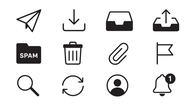 Set of black email and interface communication line icons