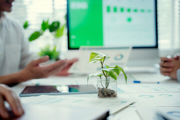 Obraz premium Business people analyzing ESG performance and eco friendly investment data with a green plant on the desk, symbolizing growth