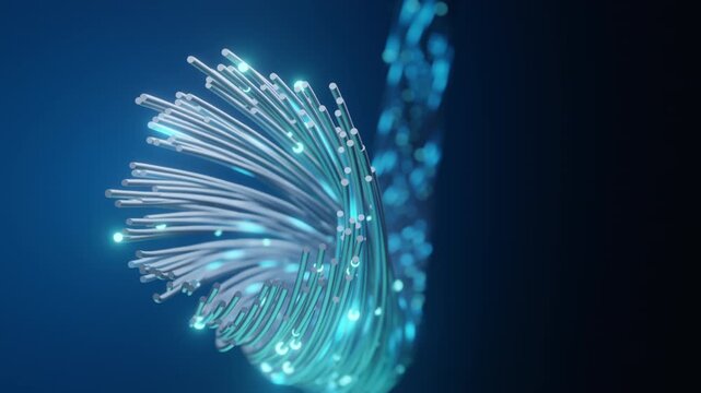 Abstract visualization of glowing blue fiber optic strands twisting and swirling in a dark, deep blue background, representing data transfer, technology, and connectivity with luminous light particles