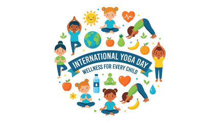 Naklejka premium International yoga day badge with global icons collage circle