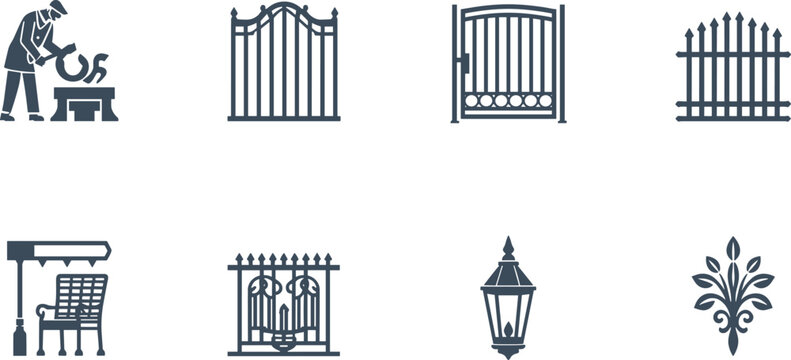 Vector black silhouette icon set featuring ornate wrought iron blacksmith creations collection including garden gates fence bench lantern ornament isolated on white background