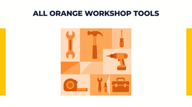 Clean Professional Flat Design Vector Illustration of Essential Workshop Tools in Vibrant Orange Arrangement