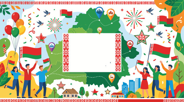 Celebration of Belarus Independence Day with Patriotic Symbols and Happy People Character Flat Vector Illustration Design
