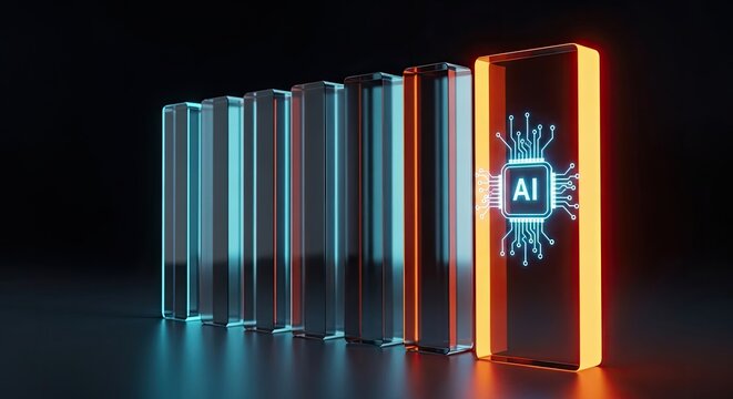 A futuristic representation of artificial intelligence with glowing blue and orange blocks standing in a row on a dark background