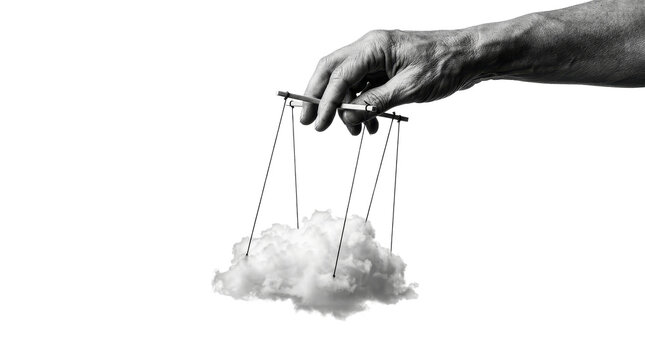 Puppeteer hand controlling white cloud with strings on png background metaphor