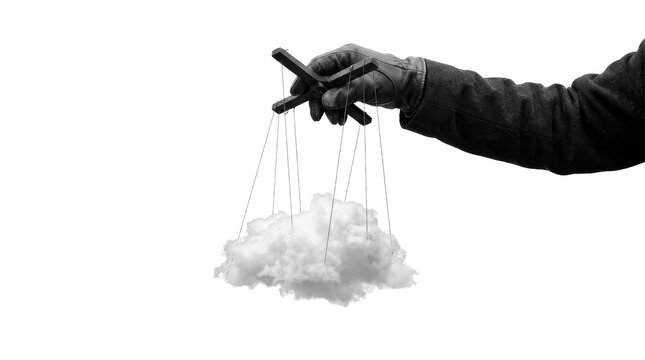 Gloved hand manipulating soft cloud like puppet on png background composition