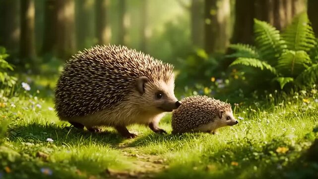 Adorable hedgehogs mother and baby walking in a magical forest.
