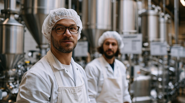 Plant based protein extraction pilot line at a pea processing facility, workers in hairnets and aprons monitoring wet fractionation equipment, stainless cyclone separators and
