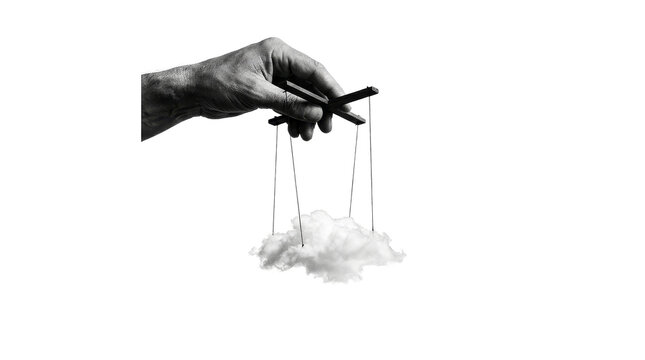 A male hand holding a cross-shaped wooden control bar for a cloud, on png background