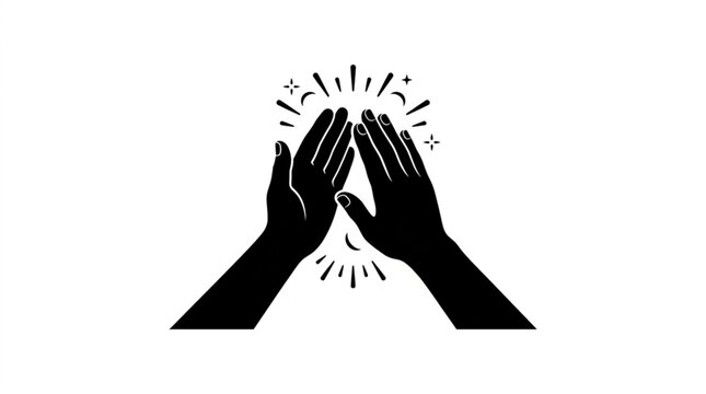 Black and white silhouette of clapping hands with sparkles icon vector illustration