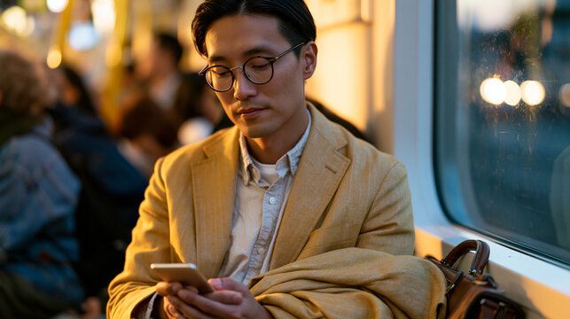 Early morning commuter in crowded subway car watches microlearning mobile bite sized leadership scenario on phone screen, suit jacket folded over arm, briefcase at feet, urban