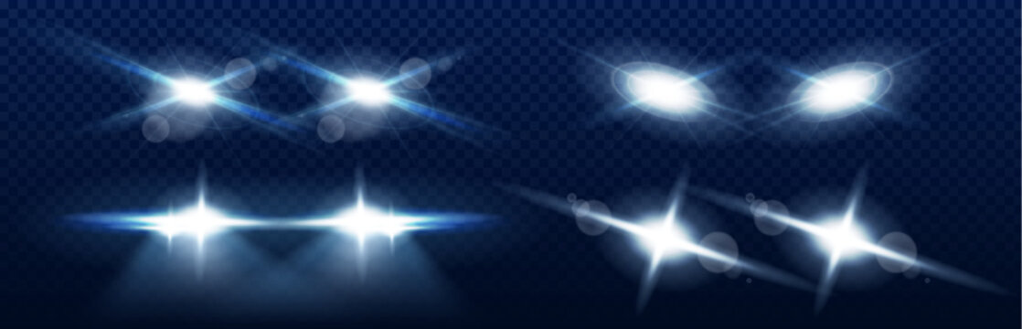 Modern car headlight beams in darkness. Vector realistic set of auto front lights with bright LED glow isolated on transparent background, racing sport design element, spooky night highway effects