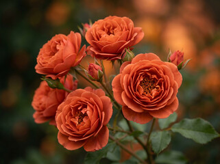 Fototapeta premium Elegant Orange Roses Blooming In A Garden With Soft Bokeh Background