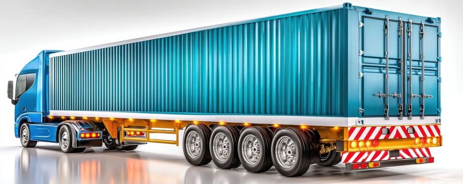 Bright blue semi truck and container trailer in studio lighting for transport and logistics