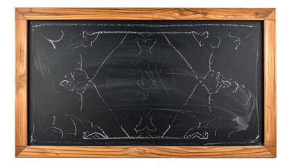 Fototapeta premium A rectangular blackboard framed in wood, displaying a chalk drawing of symmetrical floral and geometric patterns, with chalk dust