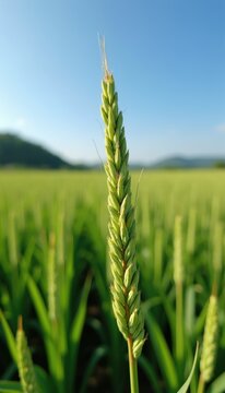 Close-up of immature green wheat head growing in field against blue sky. Blurred background shows more cereal plants and distant hills. Agriculture concept.