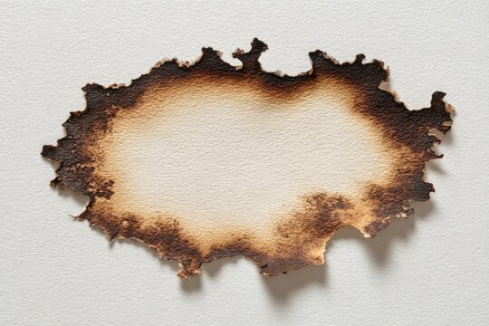 A textured, irregular burnt paper edge on a stark white surface