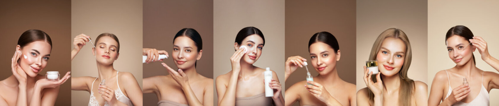 Beauty women shown applying various skincare products to their faces while smiling at the camera. The women stand in front of a neutral background. Beauty collage