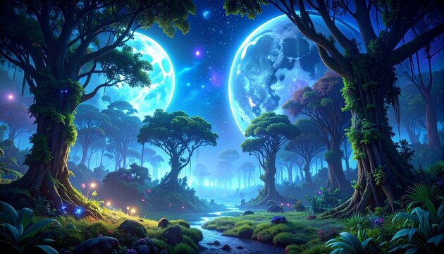 Bioluminescent forest with glowing mushrooms and trees.