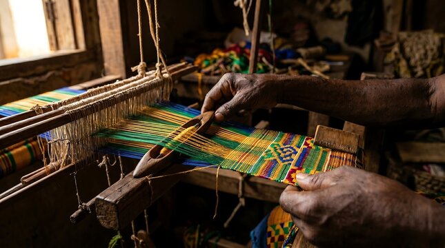 Close up shot of hands weaving vibrant patterned textile on traditional wooden loom with wooden shuttle