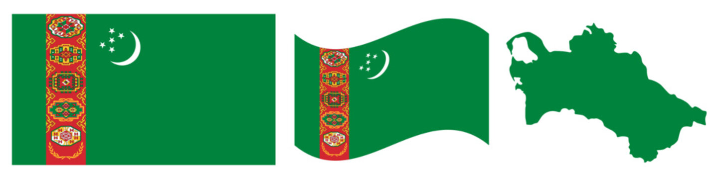Turkmenistan official national Flag and Map  design set. vector illustration.
