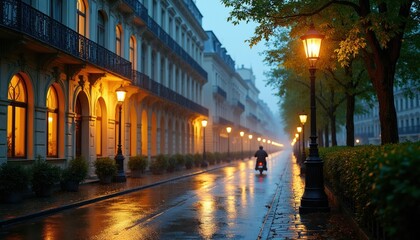 Fototapeta premium Man rides motorcycle on wet street at dusk. City lights reflect on wet pavement near old buildings and trees. Misty atmosphere, rain, evening, urban scene.