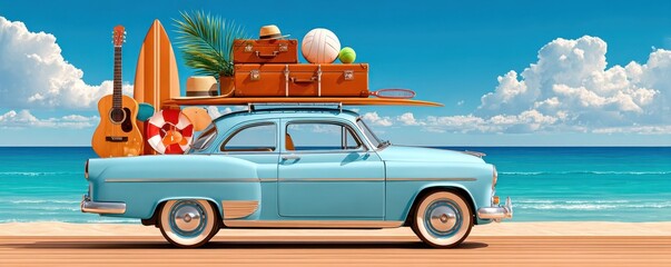 Obraz premium Light blue vintage car loaded with surfboard, suitcases and beach gear parked by the ocean