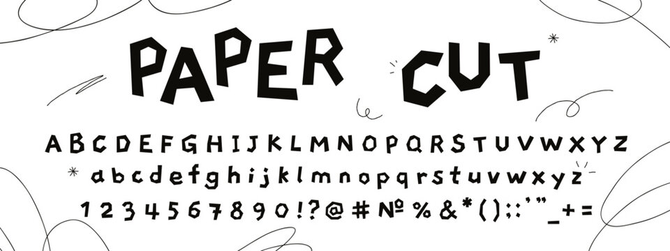 Black paper cutout collage font, stylized kids alphabet. Childish paper cut out letters and numbers for kindergarten or school, playful typeface with hand drawn doodle elements vector illustration
