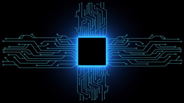 A vibrant digital showcases a central black square representing a processor or core, surrounded by intricate blue circuit board pathways that glow with electric light against a dark background