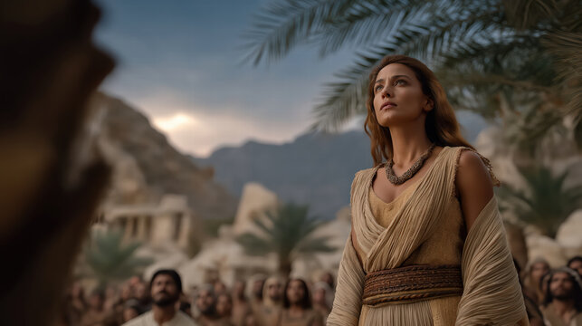 Deborah under palm tree delivering judgment as gathered crowd listens in ancient desert cinematic realism