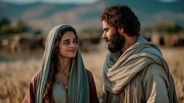 Boaz and Ruth standing together in the field, biblical scene of kindness and redemption