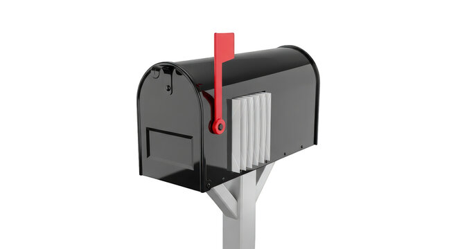 Black mailbox with red flag on post for postal and delivery concepts