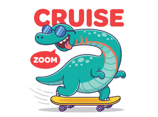 Cartoon dinosaur on skateboard vector illustration, cool t-rex character with sunglasses, cruise and zoom typography for kids apparel © Hiền