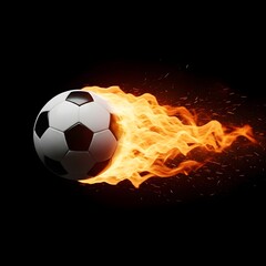 Naklejka premium Soccer ball on fire with flames and sparks trailing behind it against a dark background perfect for sports and energy concepts