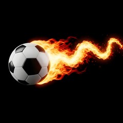 Fototapeta premium Soccer ball flying with trail of intense orange and yellow flames against black background perfect for sports marketing and dynamic football imagery