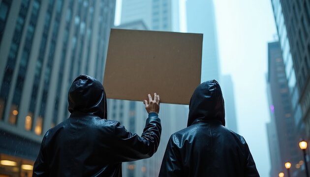 Two people in black hoodies hold blank cardboard sign during rain in city street. Urban demonstration, protest, rally. Activism, social movement.