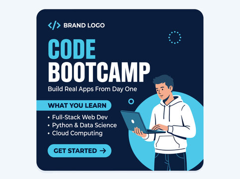 Code Bootcamp social media banner, programming education poster with man using laptop, web development and data science course vector illustration
