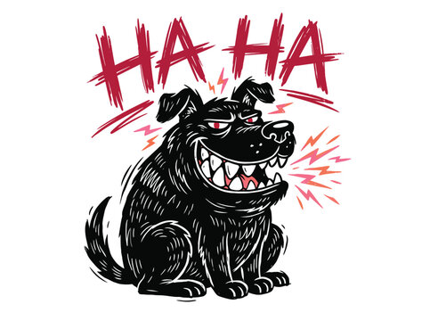 Evil laughing black dog vector illustration, sinister canine character with HA HA text, aggressive barking dog mascot with sharp teeth