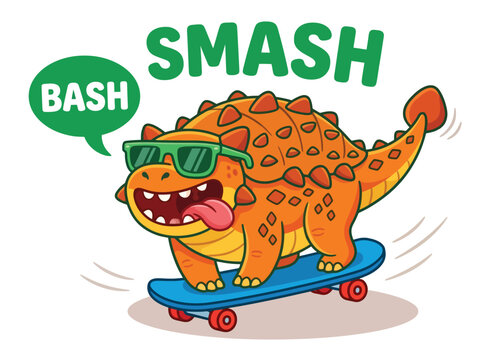 Cartoon ankylosaurus dinosaur on skateboard, cool orange dinosaur wearing sunglasses, smash and bash text graphic, prehistoric animal vector