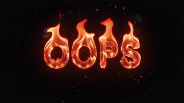 Oops burning text typography with intense flames and rising smoke in this digital motion video clip featuring a dark background and glowing embers that fly around the letters in a cinematic style anim