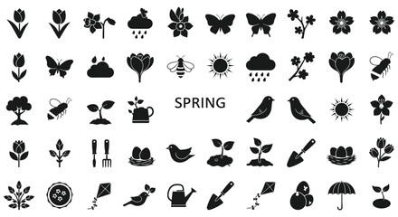 Obraz premium Spring themed floral ornament and garden tool silhouettes black on white