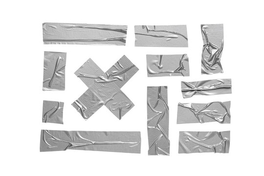 Silver duct tape pieces with wrinkles and texture, repair and fixing concept, isolated on a clean white background