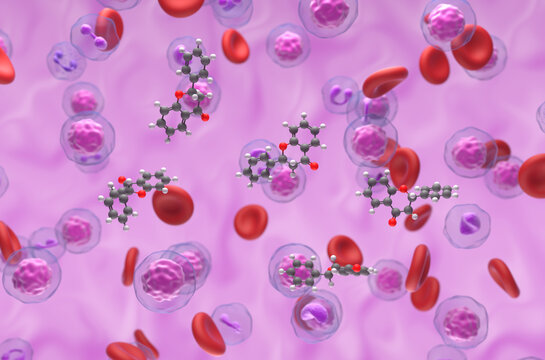 Flavanone (flavonoid) molecule - isometric view 3d illustration
