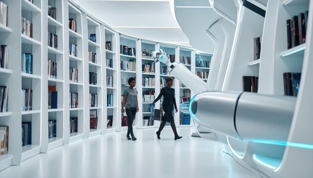 Futuristic Library with Robot Arm and Two Women
