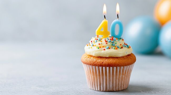 Birthday cupcake with number forty candles and sprinkles on grey background