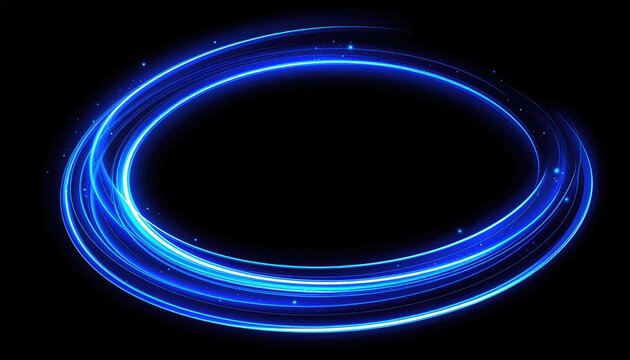 A vibrant, neon blue light trail curves in an oval, like energy spiraling on a black background. Tiny sparkles add luminescence