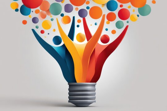 Colorful light bulb with three stylized people celebrating creativity, teamwork and innovation