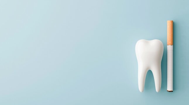 White tooth model and cigarette on blue background with copy space