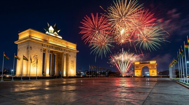 Illuminated Black Star Gate monument in Accra Ghana with festive fireworks over night city sky
